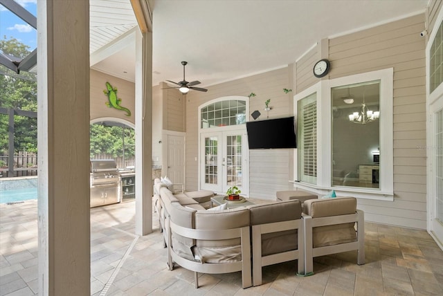8815 SW 11th Ave, Gainesville, FL 32607 - view of patio featuring an outdoor hangout area, ceiling fan, grilling area, an outdoor pool, and french doors