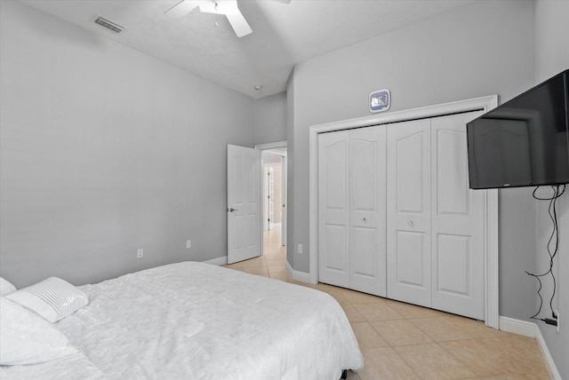 8815 SW 11th Ave, Gainesville, FL 32607 - bedroom with light tile patterned flooring, ceiling fan, baseboards, visible vents, and a closet
