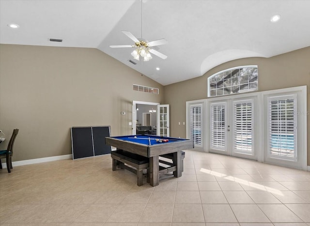 8815 SW 11th Ave, Gainesville, FL 32607 - playroom with billiards, a ceiling fan, french doors, visible vents, and vaulted ceiling