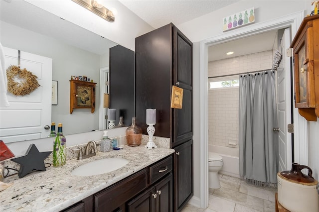 bathroom with vanity, tile patterned flooring, toilet, and shower / bath combination with curtain