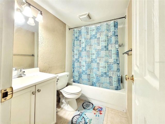 full bath featuring a textured wall, shower / bathtub combination with curtain, toilet, vanity, and tile patterned floors