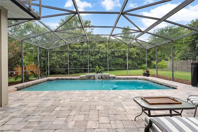 view of swimming pool with a patio, a fenced in pool, a lanai, and a fenced backyard