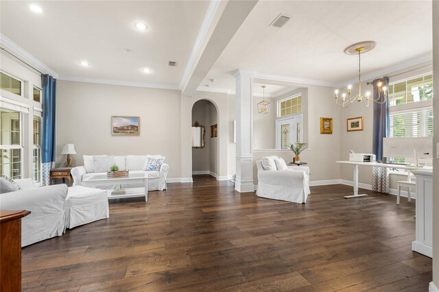 living room with crown molding, a notable chandelier, arched walkways, visible vents, and dark wood-style floors