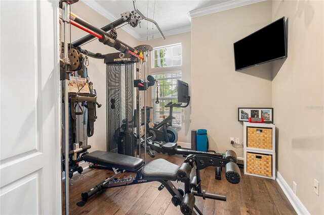 exercise room featuring crown molding, baseboards, and wood finished floors