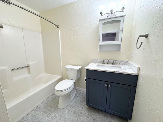 full bath featuring shower / bath combination, vanity, a textured wall, and toilet