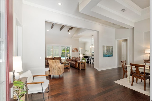 living room with visible vents, wood finished floors, baseboards, a notable chandelier, and recessed lighting
