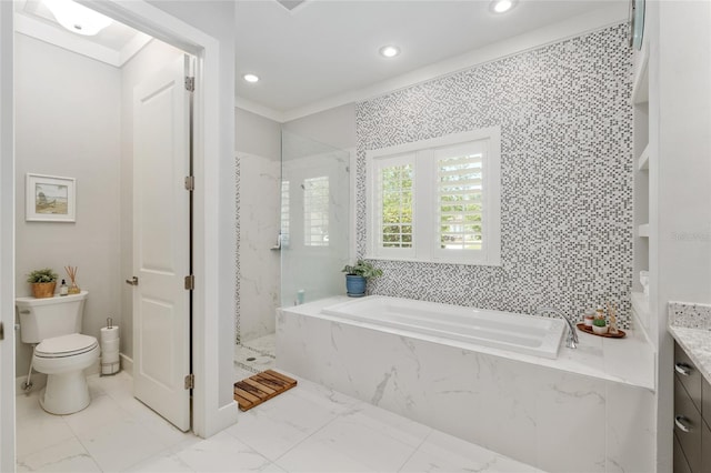 bathroom with crown molding, toilet, recessed lighting, a bath, and a stall shower