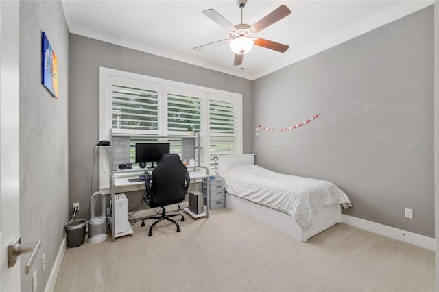 bedroom with baseboards, carpet flooring, and ceiling fan