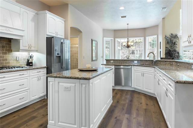 4515 SW 97th Ter, Gainesville, FL 32608 - kitchen with stainless steel appliances, a sink, dark wood-style flooring, arched walkways, and custom range hood