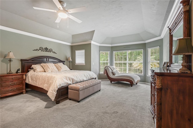 4515 SW 97th Ter, Gainesville, FL 32608 - bedroom featuring carpet, vaulted ceiling, baseboards, ceiling fan, and ornamental molding