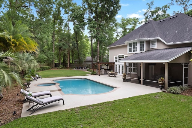 4515 SW 97th Ter, Gainesville, FL 32608 - outdoor pool featuring a sunroom, an in-ground hot tub, and a patio