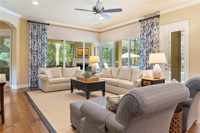 living room with a ceiling fan, healthy amount of natural light, arched walkways, wood finished floors, and ornamental molding
