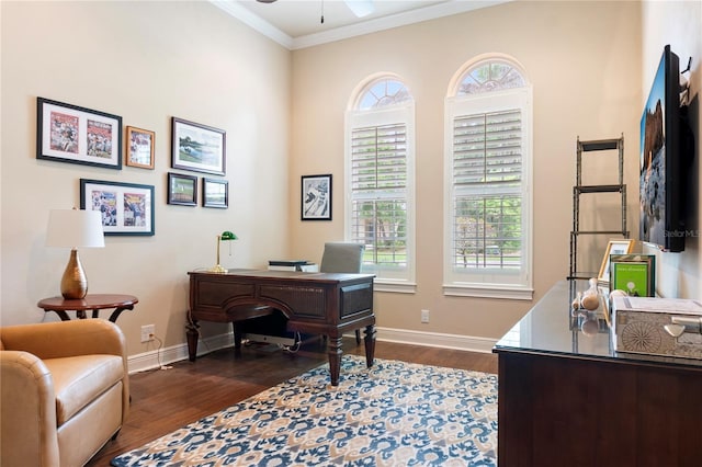 office featuring ceiling fan, healthy amount of natural light, ornamental molding, dark wood-type flooring, and baseboards