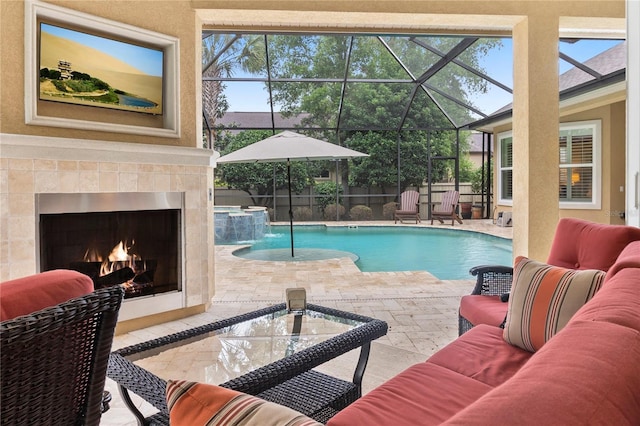 view of pool featuring an outdoor living space with a fireplace, a patio area, and a pool with connected hot tub