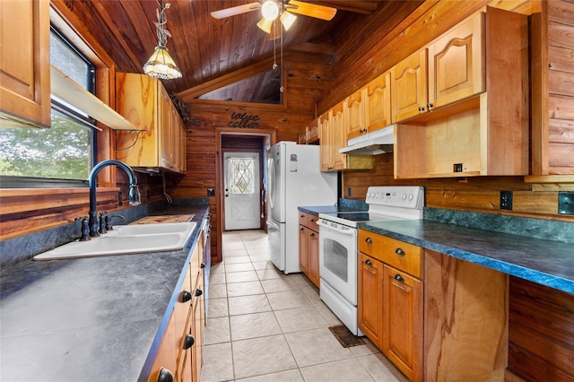 kitchen with wood ceiling, dark countertops, a sink, under cabinet range hood, and white appliances