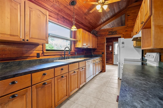 kitchen featuring wood ceiling, dark countertops, dishwasher, a sink, and light tile patterned floors