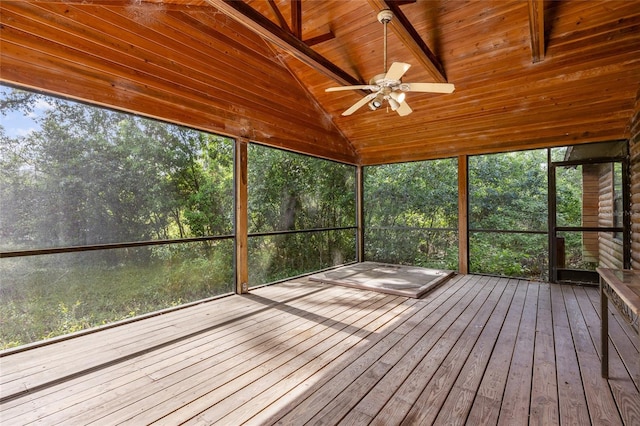 unfurnished sunroom featuring a sauna and a ceiling fan