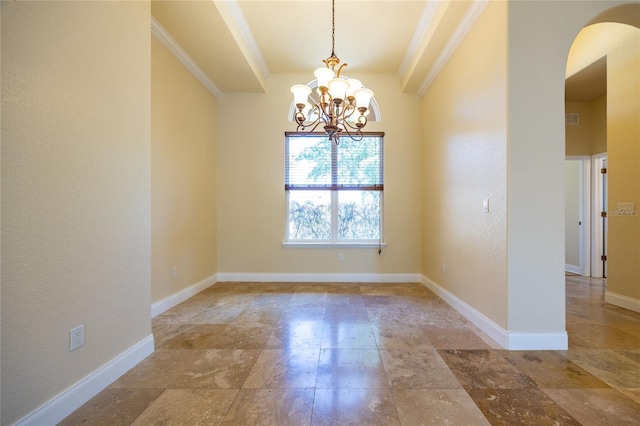spare room featuring crown molding, arched walkways, baseboards, and a chandelier