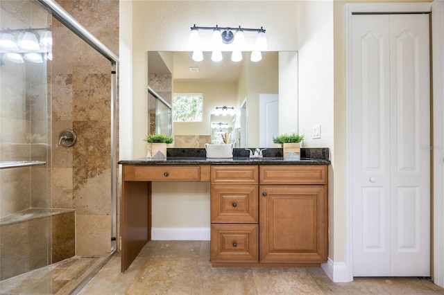 full bathroom with a closet, vanity, and a shower stall