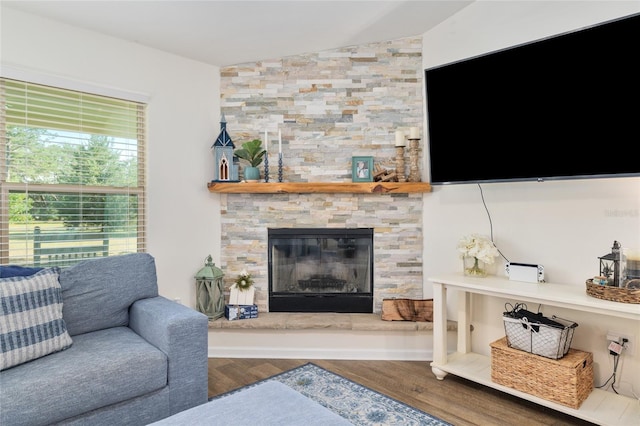living room featuring wood finished floors and a fireplace