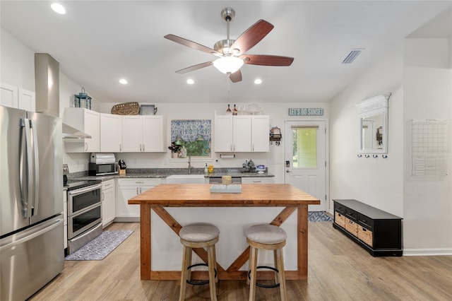 kitchen featuring stainless steel appliances, butcher block counters, a sink, and light wood-type flooring