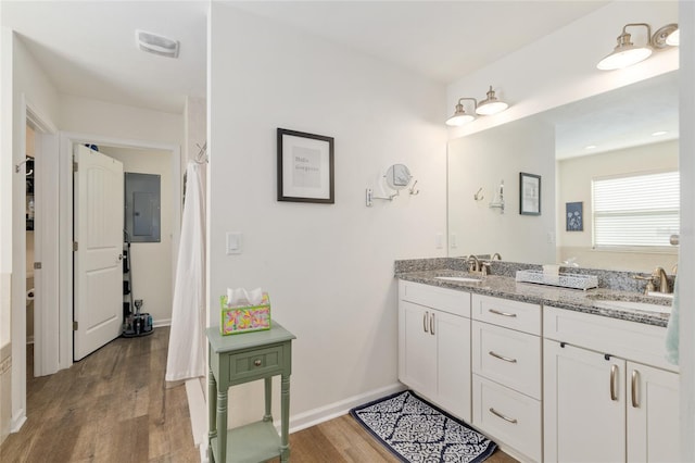 bathroom with double vanity, a sink, wood finished floors, and electric panel