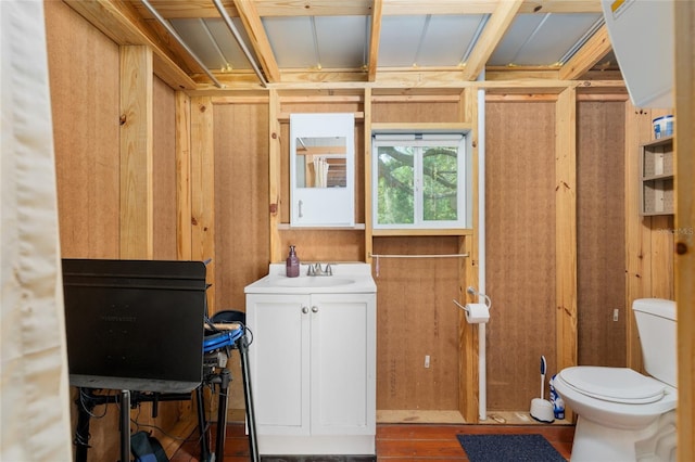 interior space featuring wooden walls, toilet, wood finished floors, and vanity
