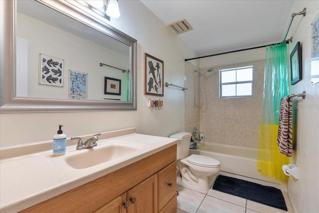 bathroom featuring vanity, toilet, tile patterned floors, shower / bath combination with curtain, and visible vents