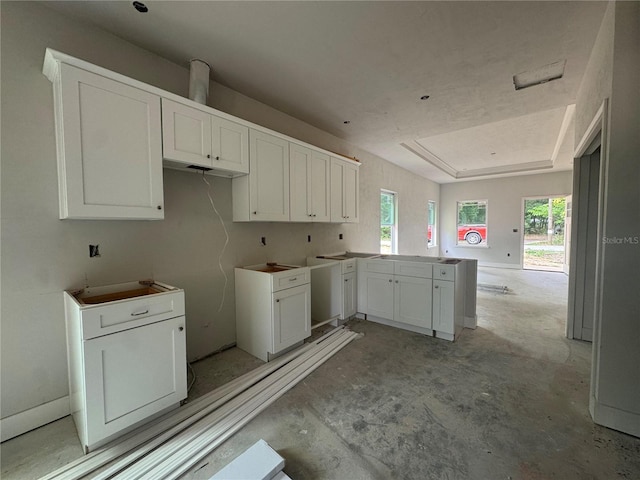 23324 NW 178th Ave, High Springs, FL 32643 - kitchen with a peninsula, white cabinets, unfinished concrete flooring, and a tray ceiling
