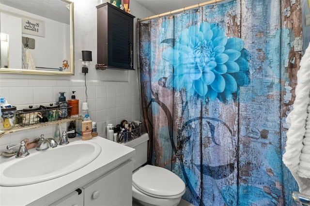 1529 NW 143rd St, Gainesville, FL 32606 - bathroom featuring toilet, decorative backsplash, vanity, curtained shower, and tile walls