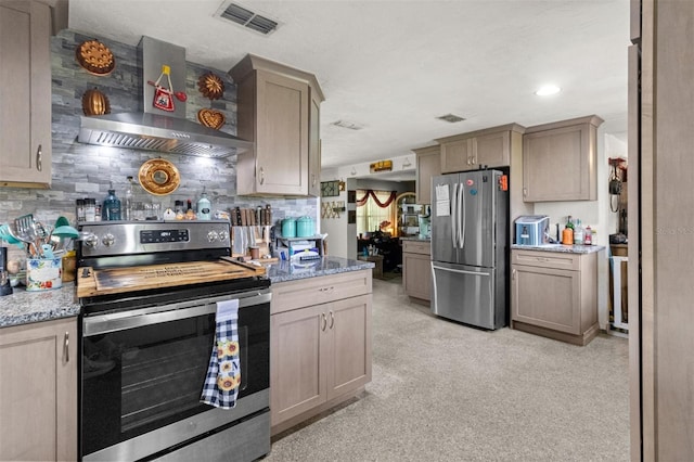 1529 NW 143rd St, Gainesville, FL 32606 - kitchen featuring stainless steel appliances, wall chimney range hood, light stone countertops, backsplash, and recessed lighting