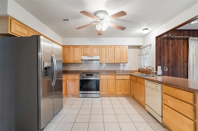 5620 NW 25th St, Gainesville, FL 32653 - kitchen with light tile patterned floors, a sink, stainless steel appliances, visible vents, and under cabinet range hood