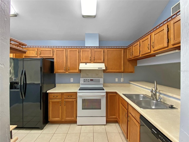 kitchen featuring electric range, under cabinet range hood, a sink, dishwasher, and black fridge