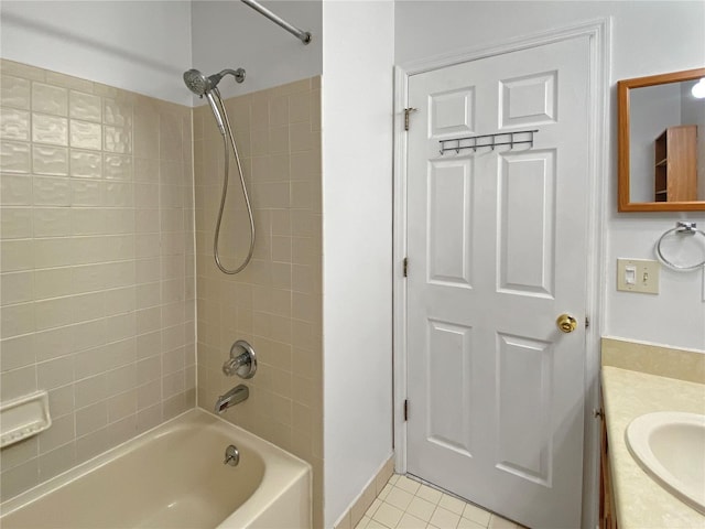 full bathroom with bathtub / shower combination, tile patterned flooring, and vanity