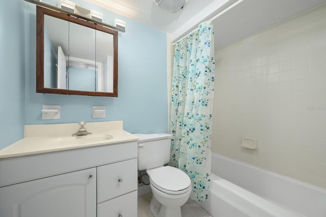 bathroom featuring vanity, toilet, shower / tub combo, and tile patterned floors