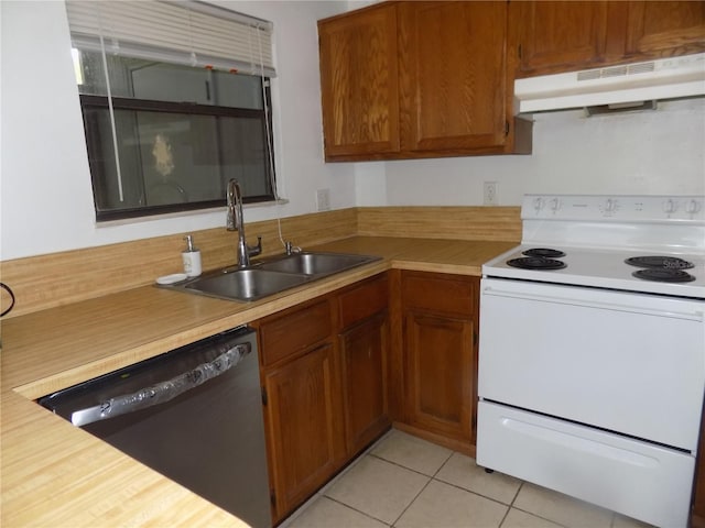 2811 SW Archer Rd Unit W 191, Gainesville, FL 32608 - kitchen featuring white range with electric stovetop, dishwasher, under cabinet range hood, a sink, and light countertops