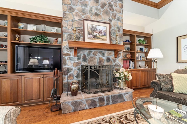 19138 NW 76th Ave, Alachua, FL 32615 - living room with a stone fireplace, ornamental molding, and light wood-style flooring