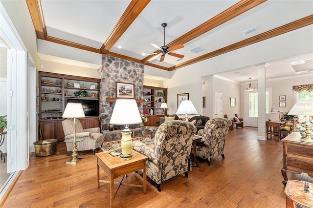 19138 NW 76th Ave, Alachua, FL 32615 - living area featuring a ceiling fan, crown molding, visible vents, beamed ceiling, and hardwood / wood-style flooring