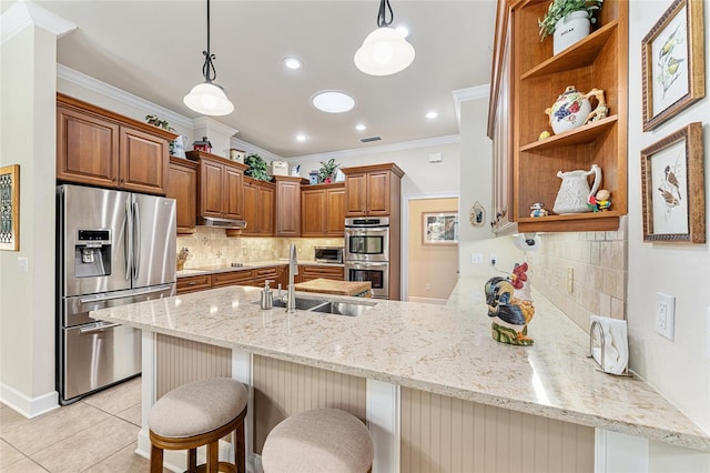 19138 NW 76th Ave, Alachua, FL 32615 - kitchen featuring light stone counters, a sink, a peninsula, open shelves, and stainless steel appliances
