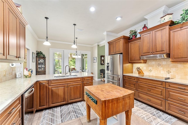 19138 NW 76th Ave, Alachua, FL 32615 - kitchen with under cabinet range hood, ornamental molding, a sink, a peninsula, and stainless steel appliances