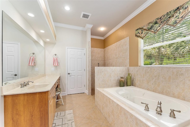 19138 NW 76th Ave, Alachua, FL 32615 - bathroom featuring walk in shower, ornamental molding, visible vents, a garden tub, and vanity