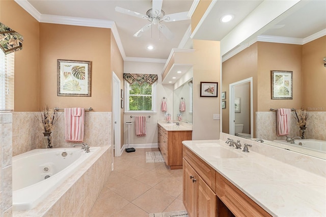 19138 NW 76th Ave, Alachua, FL 32615 - full bath with a ceiling fan, toilet, vanity, crown molding, and a tub with jets