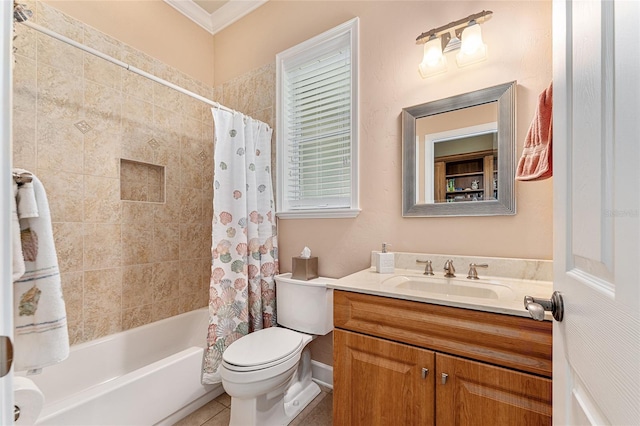 19138 NW 76th Ave, Alachua, FL 32615 - bathroom featuring toilet, shower / bath combo with shower curtain, vanity, ornamental molding, and tile patterned floors