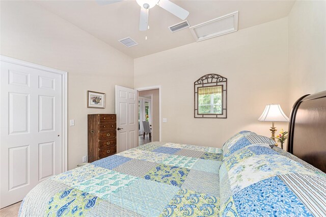 19138 NW 76th Ave, Alachua, FL 32615 - bedroom featuring ceiling fan, lofted ceiling, attic access, and visible vents