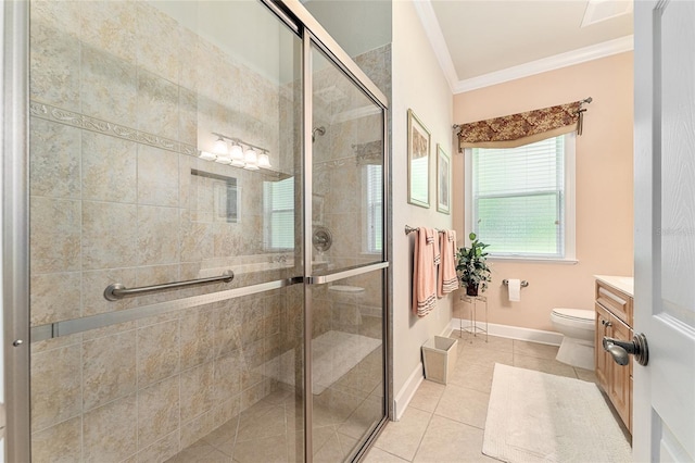 19138 NW 76th Ave, Alachua, FL 32615 - bathroom with toilet, vanity, ornamental molding, tile patterned floors, and a stall shower