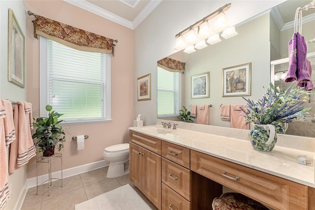 19138 NW 76th Ave, Alachua, FL 32615 - bathroom featuring toilet, vanity, crown molding, tile patterned flooring, and baseboards
