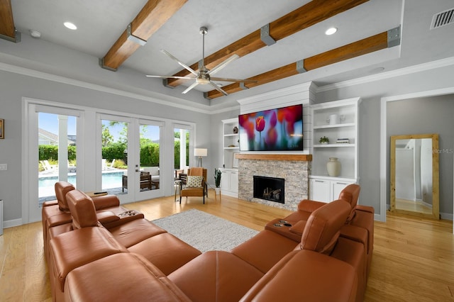 living area featuring a ceiling fan, beam ceiling, baseboards, light wood-type flooring, and recessed lighting