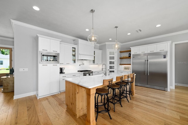 kitchen with built in appliances, open shelves, light wood-type flooring, a sink, and decorative backsplash