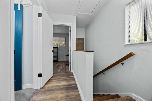 stairway with wood finished floors and baseboards