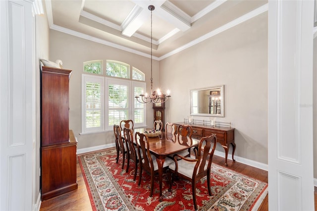 dining space with coffered ceiling, plenty of natural light, wood finished floors, a chandelier, and beam ceiling